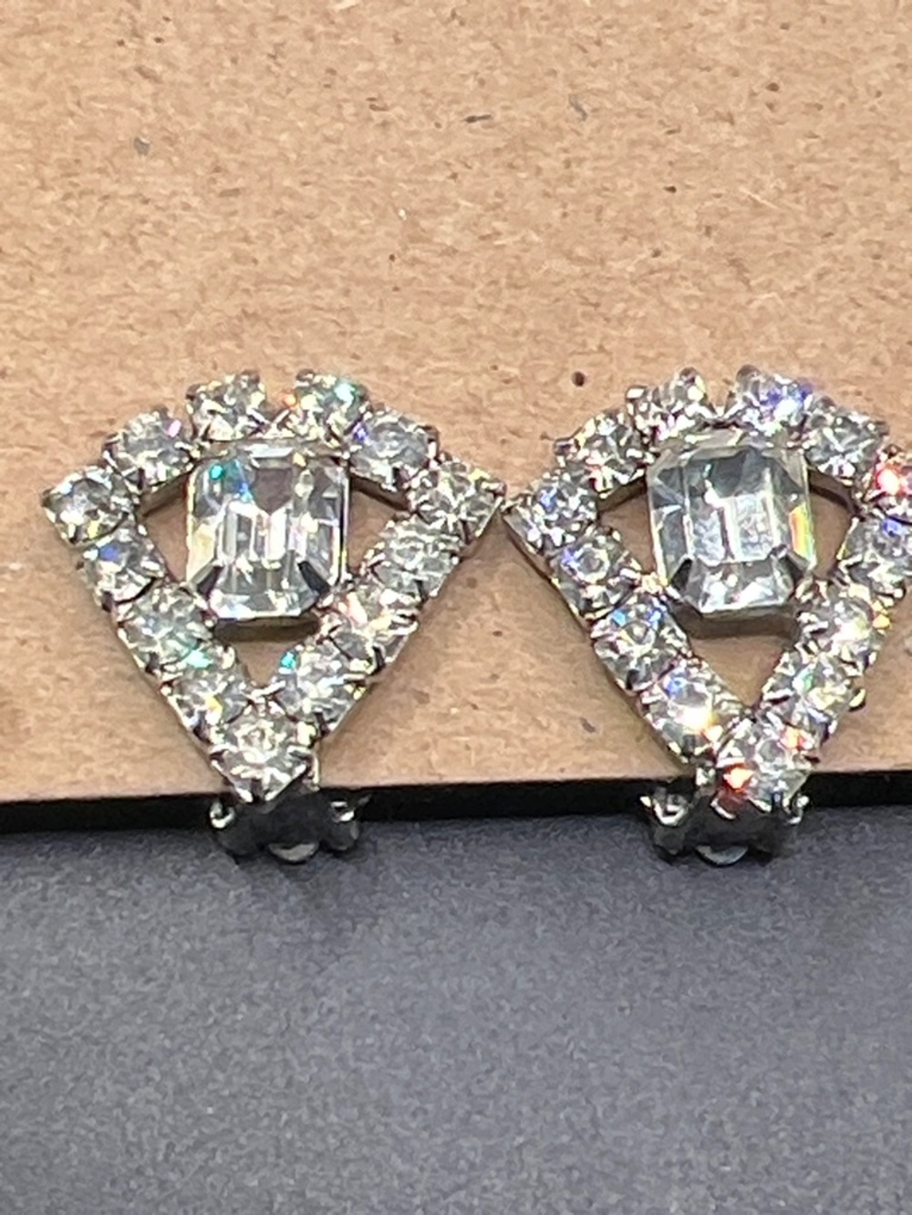Vintage Clear Crystal Triangle Halo Clip Earrings